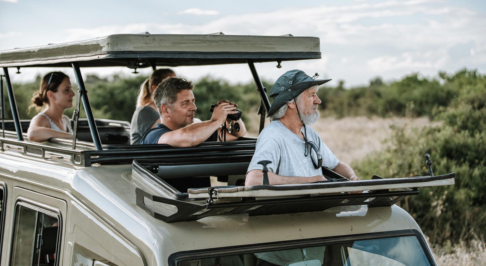 Die Gäste nehmen an einer geführten 4x4-Safari teil und beobachten die Tierwelt durch das Aufstelldach.