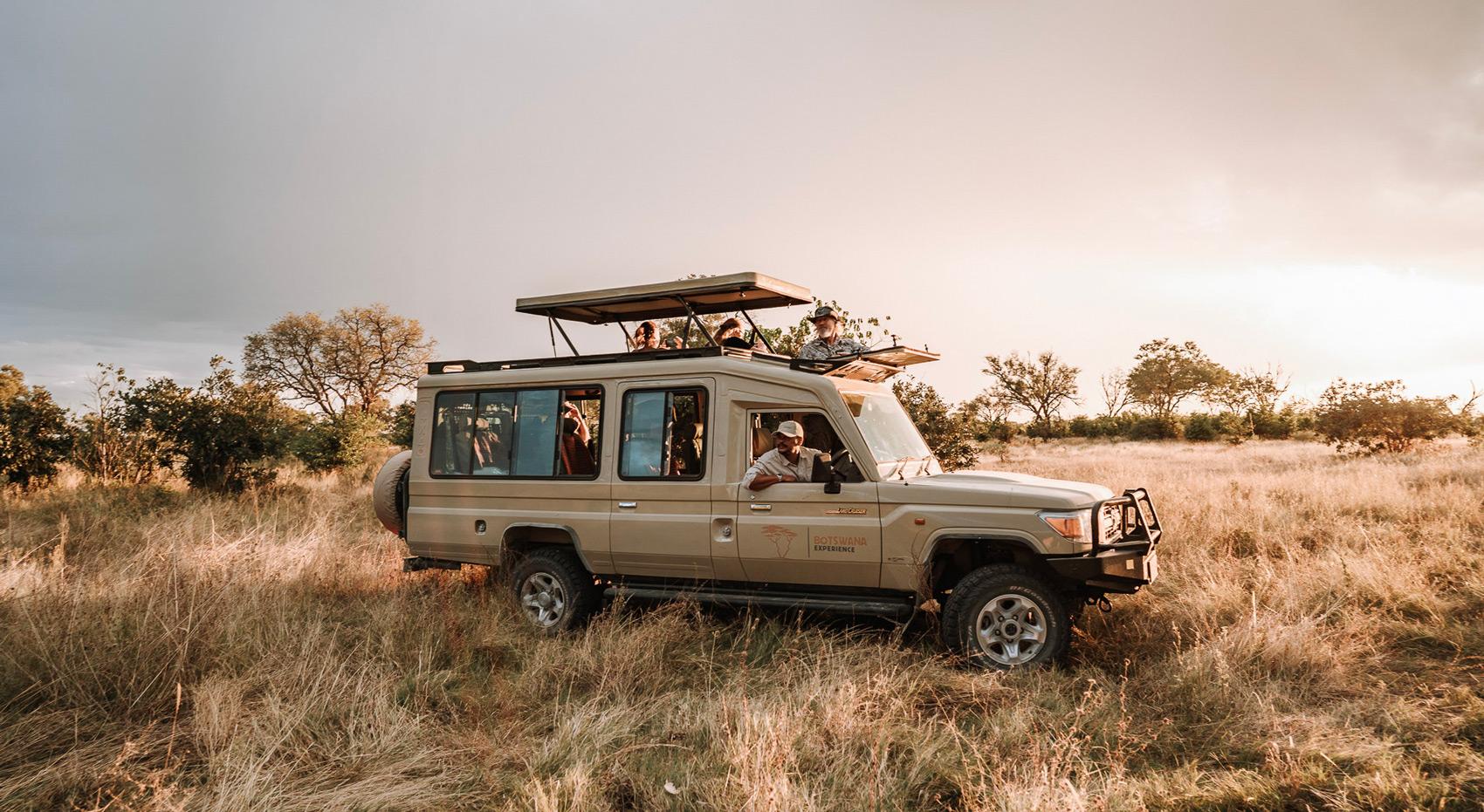 Guests in a safari vehicle looking out of the pop up roof in Botswana.