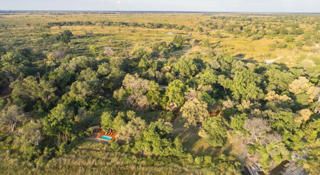 A birdseye view of Camp Moremi, immersed in Botswana's wildernesss.
