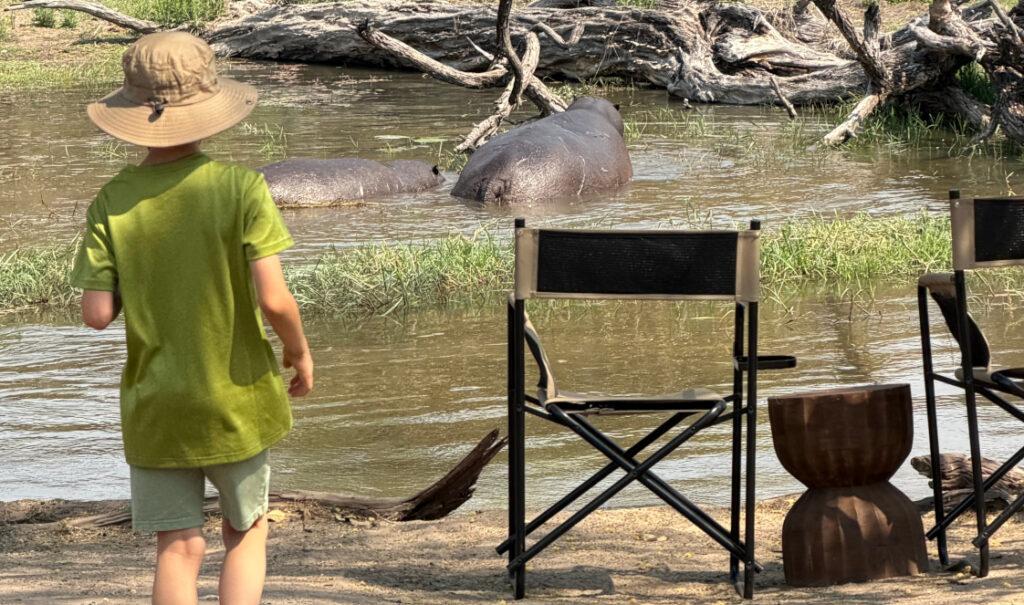 A young boy watching hippos from the campsite.